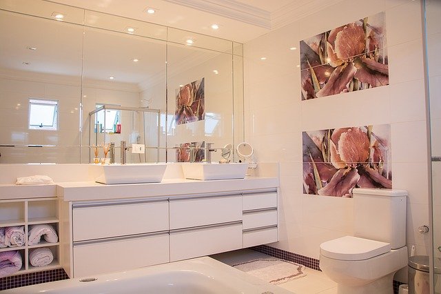 大きな鏡の洗面所とトイレとバスルーム